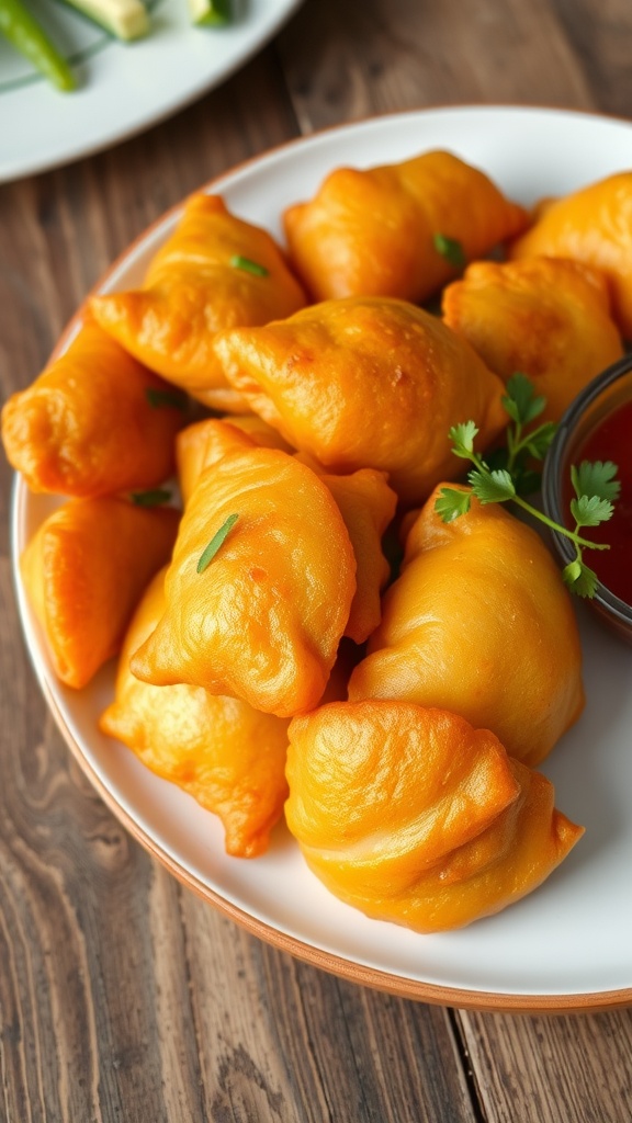 Fried kiloan snacks on a plate, crispy and golden with a side of dipping sauce.